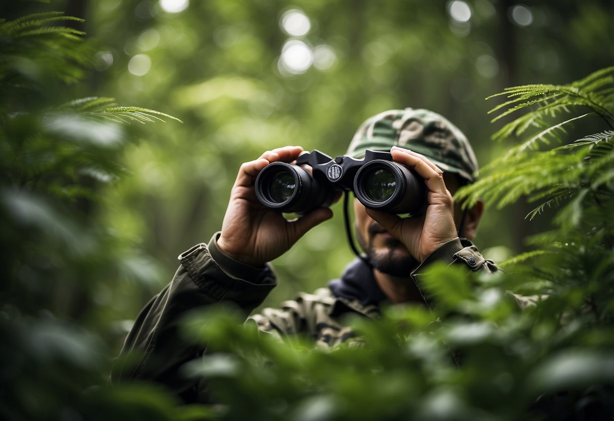 Lush green foliage surrounds a person in camouflage gear, binoculars in hand, as they quietly observe wildlife in their natural habitat