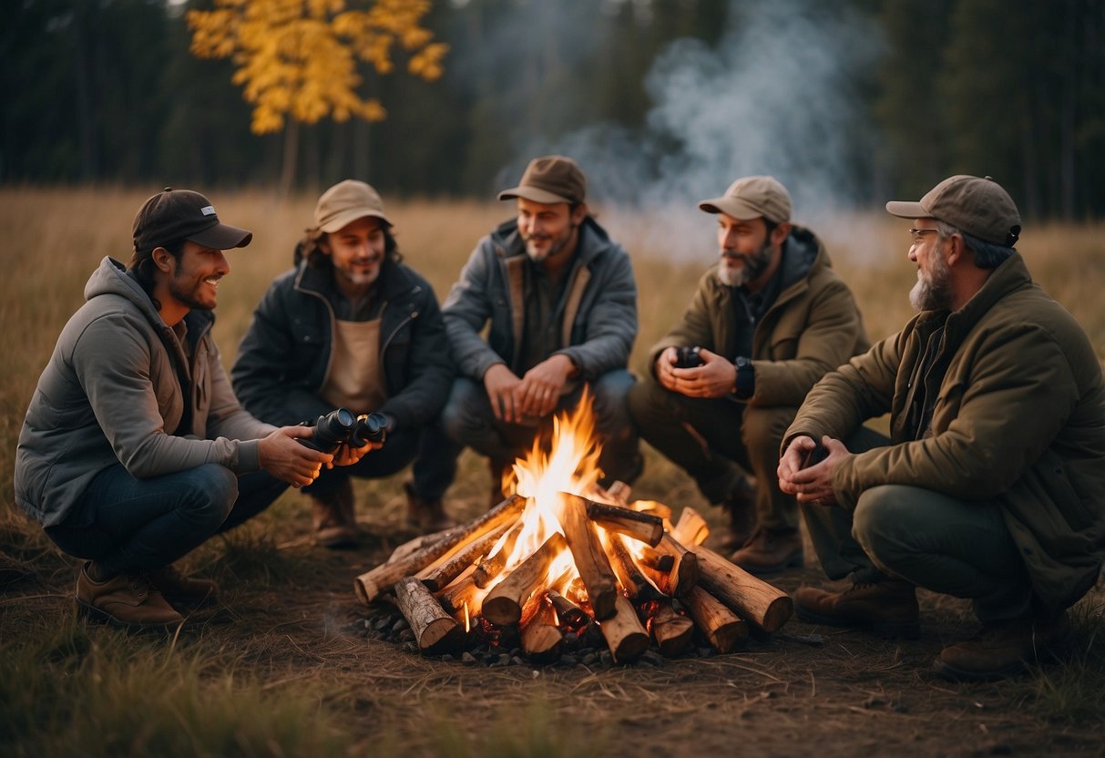 Wildlife enthusiasts gather around a campfire, sharing tips and stories. Binoculars and field guides are scattered around the group