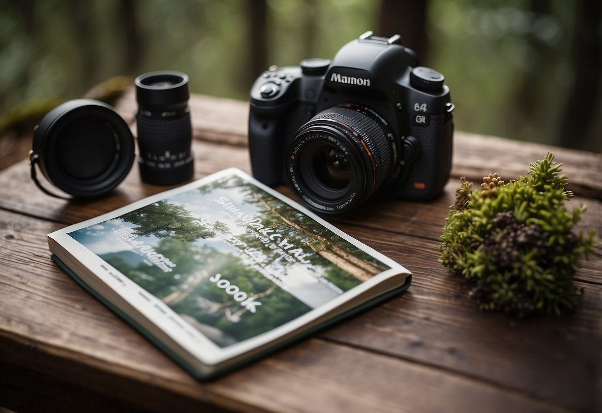 A person's hand holding a field guide with binoculars, hiking boots, and a camera laid out on a table. The background shows a forest with various wildlife