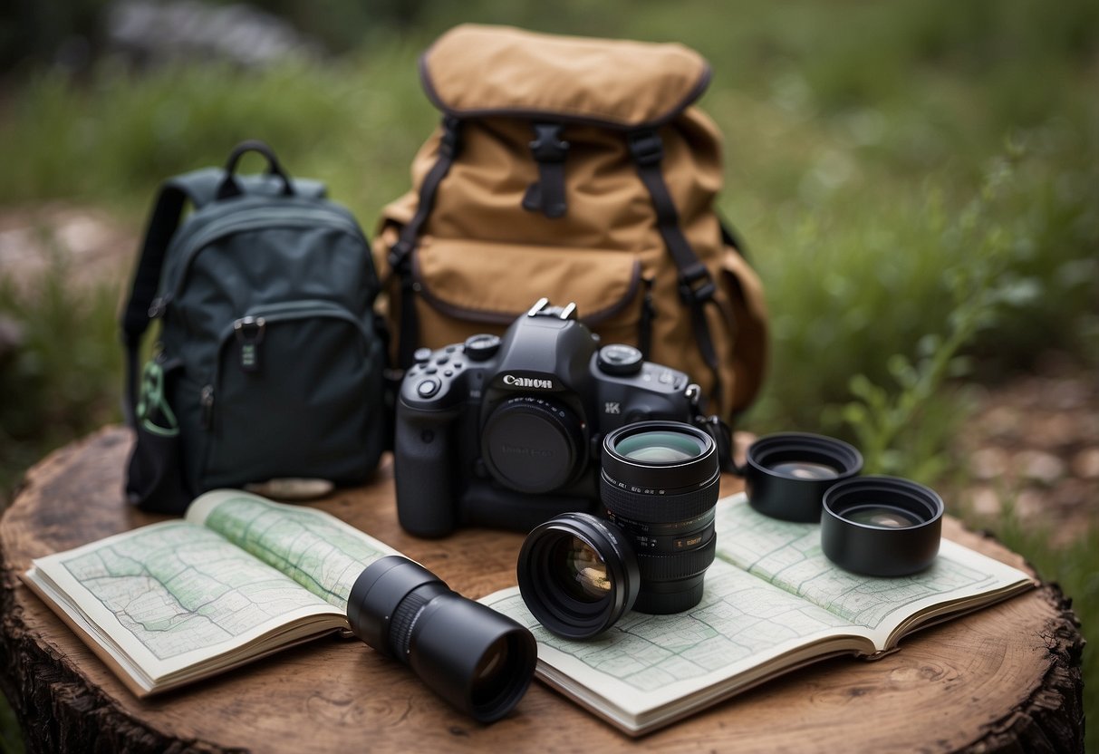 Binoculars, camera, field guide, and backpack laid out. Hiking boots and outdoor clothing nearby. Map and notebook with wildlife watching tips