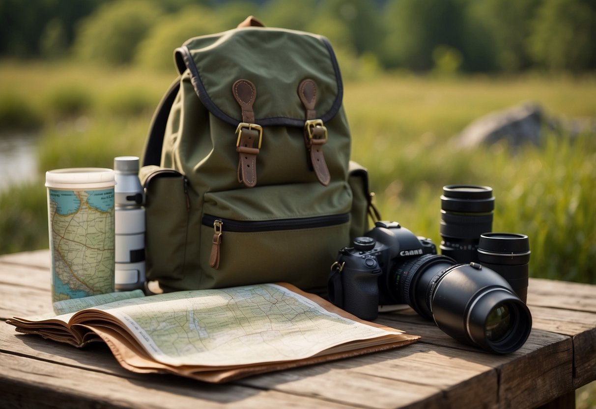 A backpack sits open on a wooden table, filled with binoculars, a field guide, and a water bottle. A map is spread out next to it, with hiking boots and a hat nearby