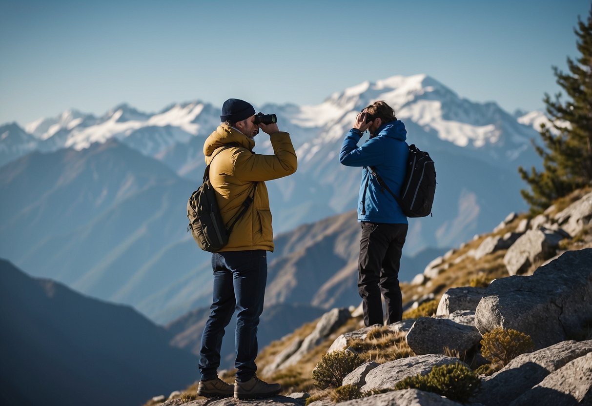 Wildlife watching at high altitude. Snow-capped mountains in the background. A person using binoculars to observe animals. Signs of altitude sickness - fatigue, dizziness, nausea. Clear blue sky