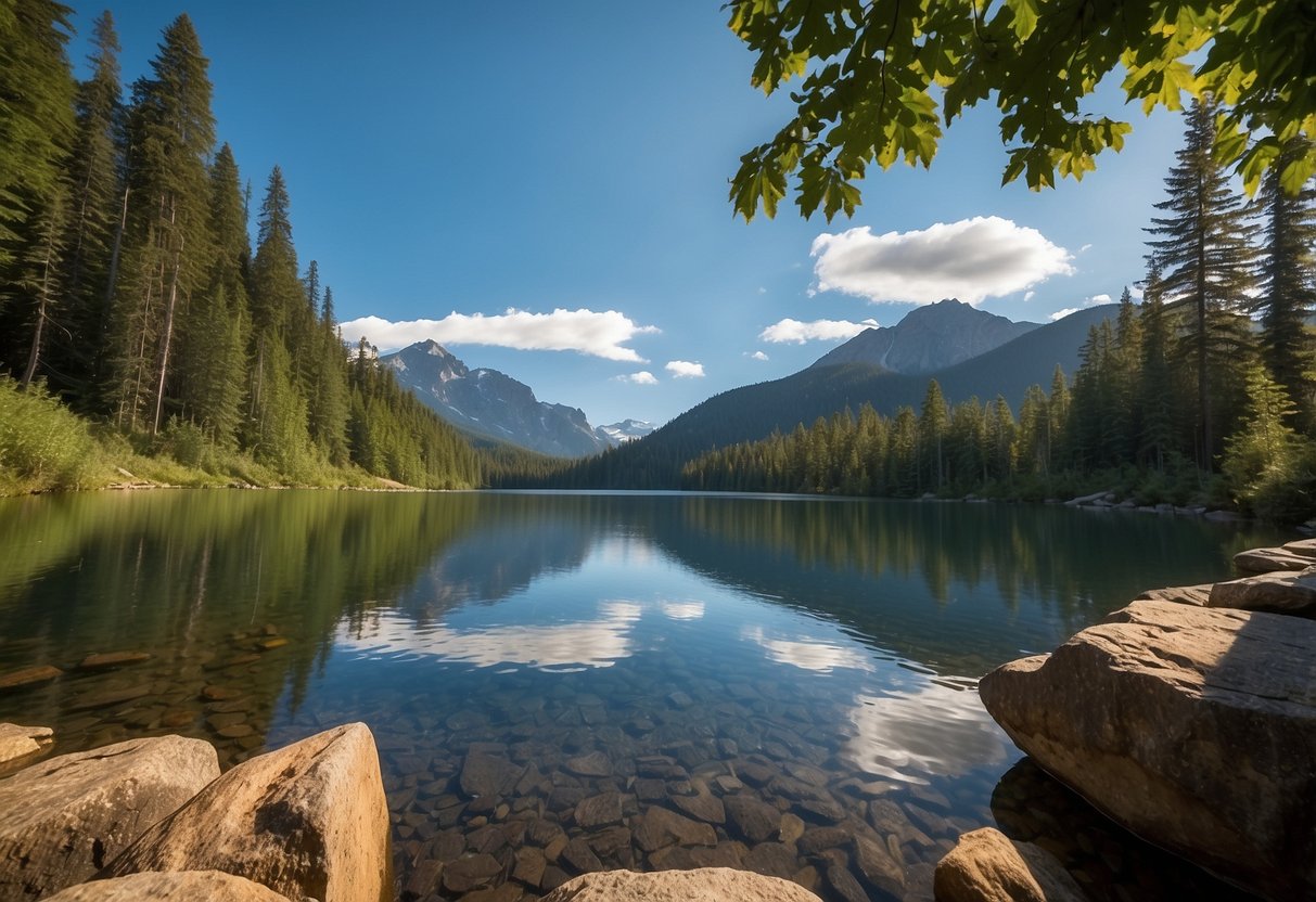 A serene mountain landscape with a clear, blue sky and a pristine lake surrounded by lush greenery. A wildlife enthusiast observes birds and animals from a safe distance, while a water bottle and altitude sickness remedies are nearby