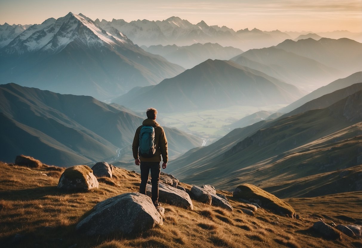 A mountainous landscape with wildlife, a gradual ascent, and a person observing animals while experiencing altitude sickness