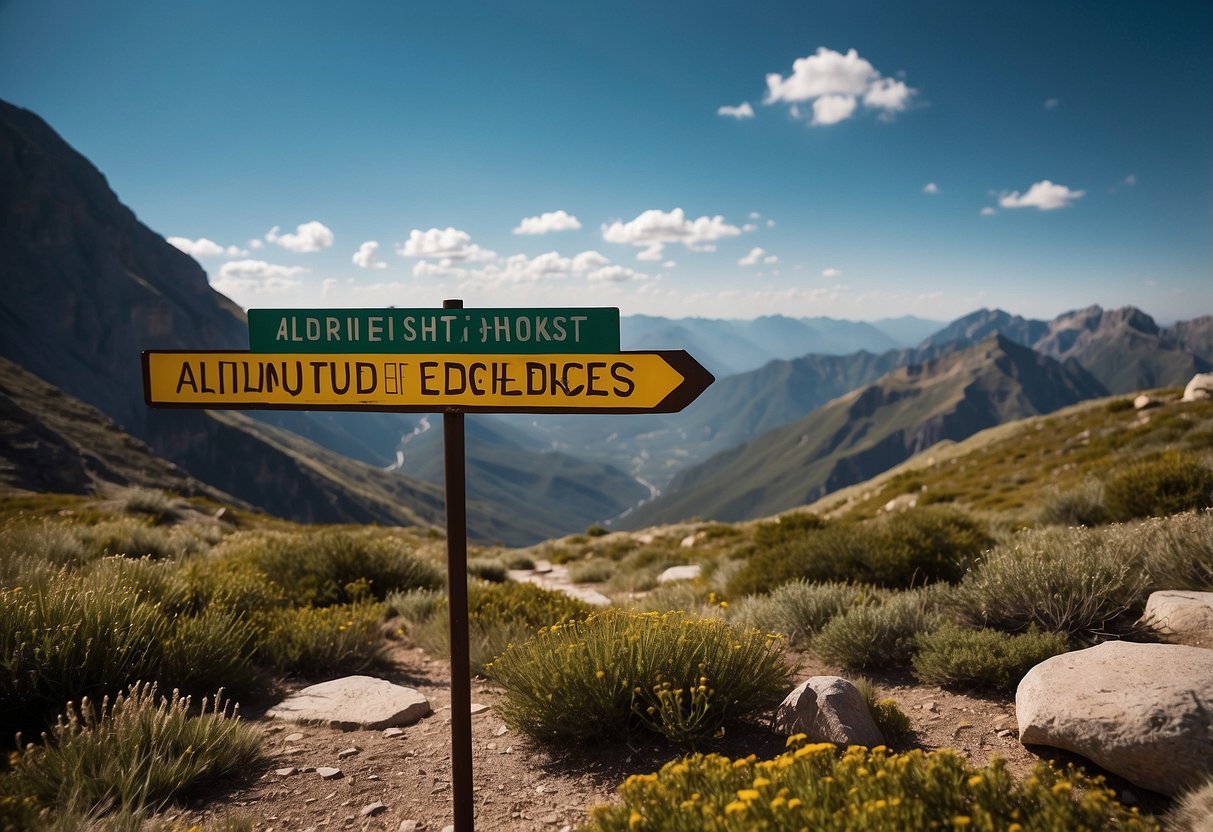 A serene mountain landscape with wildlife, clear skies, and a prominent "Avoid Alcohol 7 Tips for Dealing with Altitude Sickness While Wildlife Watching" sign