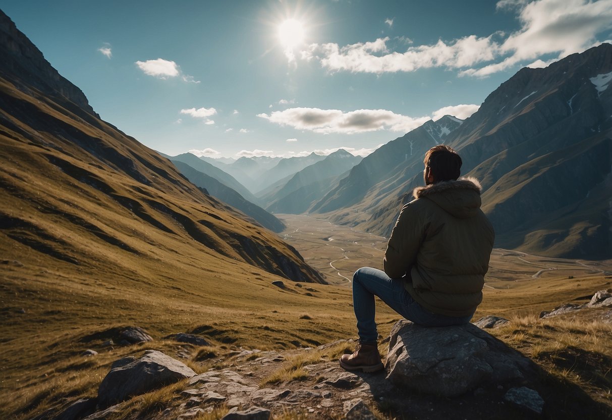 A mountainous landscape with a person observing wildlife, feeling dizzy and nauseous. A sign nearby lists tips for dealing with altitude sickness