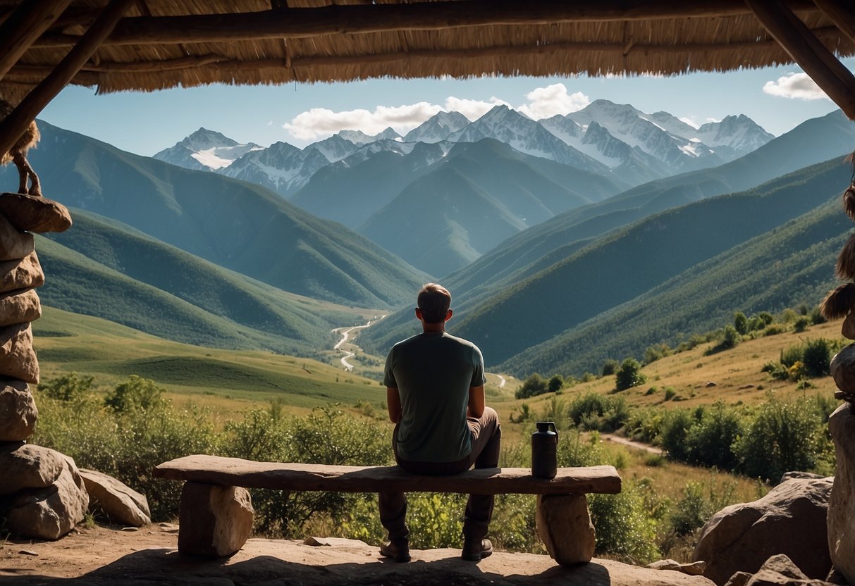 A mountainous landscape with wildlife, a clear sky, and a person taking preventative measures such as drinking water and resting to avoid altitude sickness while observing the animals