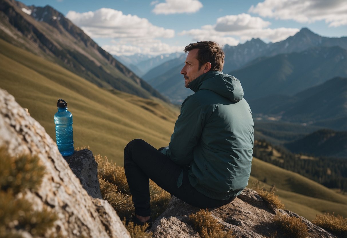 A person sitting at a high altitude, surrounded by wildlife, holding a water bottle and looking slightly dizzy, with mountains in the background