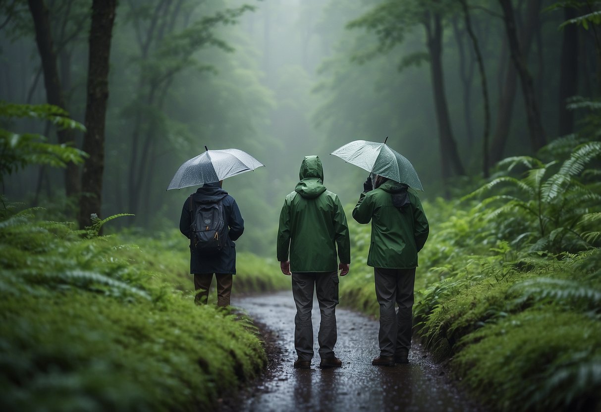 Wildlife watchers in lightweight rain gear observe animals in a lush, green forest with a gentle rain falling