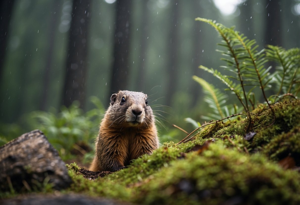 A marmot wearing PreCip Eco Pants stands in a lush forest, with rain gear nearby. Trees and wildlife surround the scene