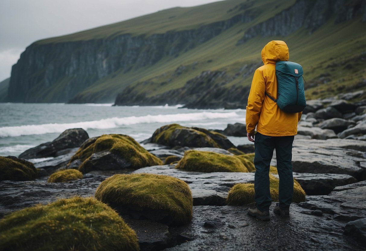 A figure stands on a rocky coastline, wearing a Fjällräven High Coast Hydratic Anorak, watching wildlife in the rain