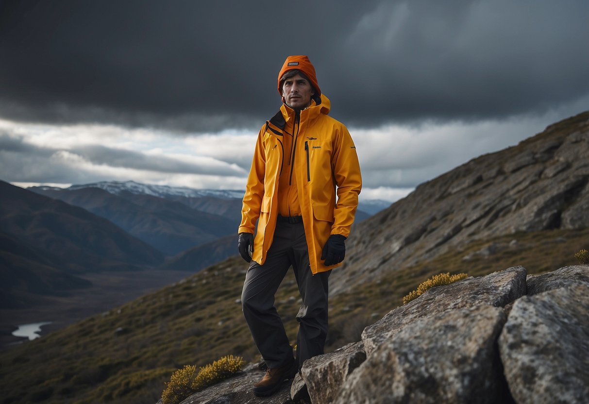 A figure stands on a rocky cliff, facing a stormy sky. The Patagonia Storm10 Jacket is zipped up, and the lightweight rain gear is ready for wildlife watching