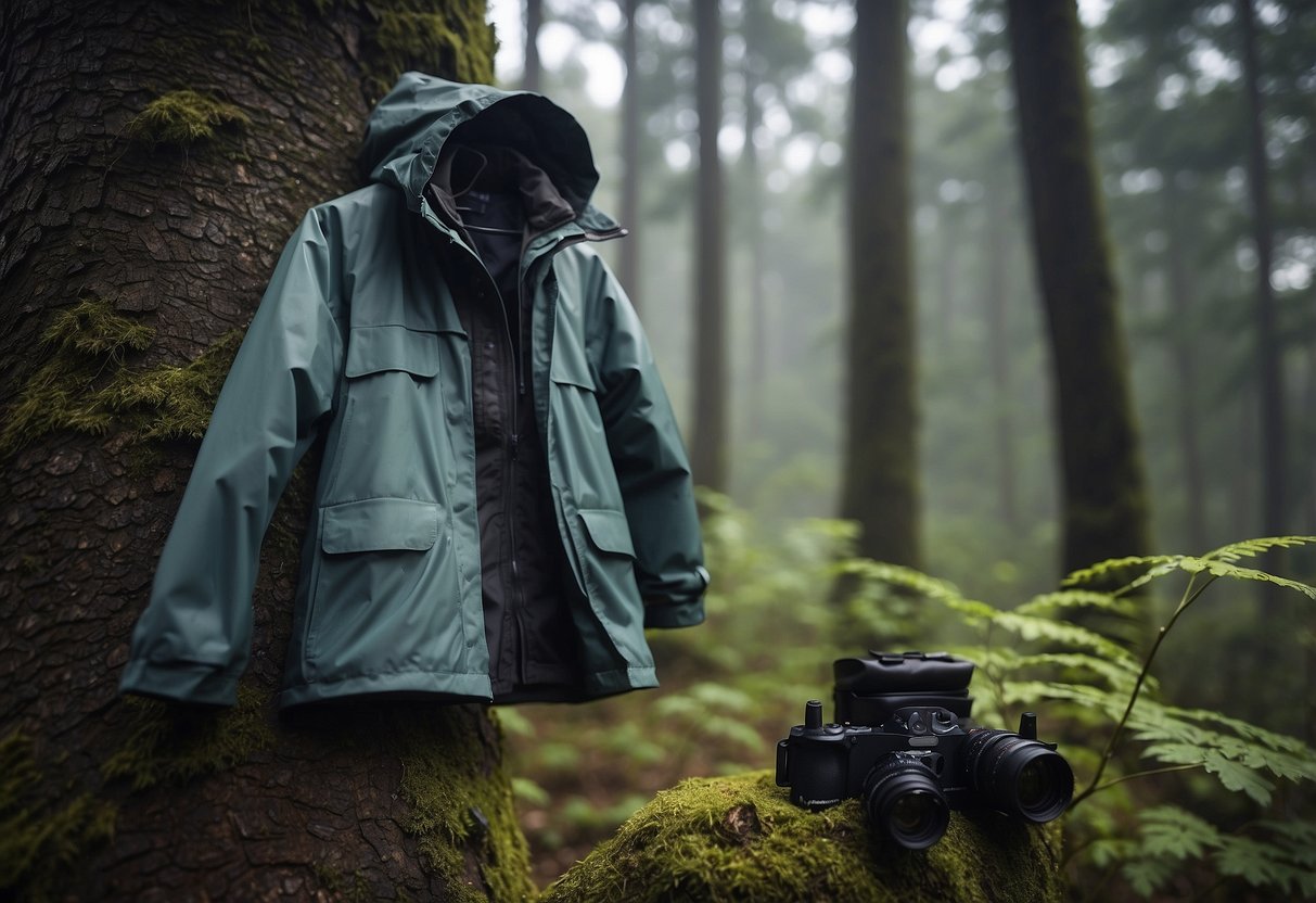 A lightweight rain jacket hangs on a tree branch, with binoculars and a camera nearby. A pair of waterproof pants lies on the ground, ready for wildlife watching