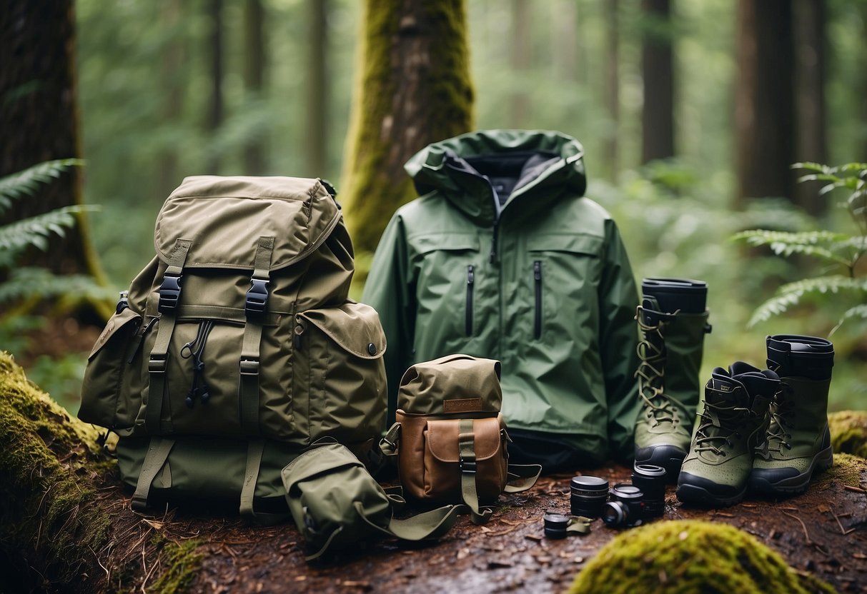 Wildlife gear laid out: lightweight rain jacket, waterproof pants, hiking boots, binoculars, and a backpack. Forest background with birds and deer