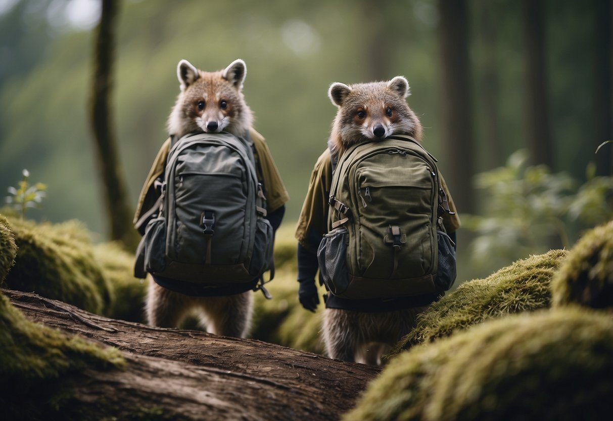 A group of 10 lightweight wildlife watching packs arranged in a natural setting, surrounded by trees and wildlife