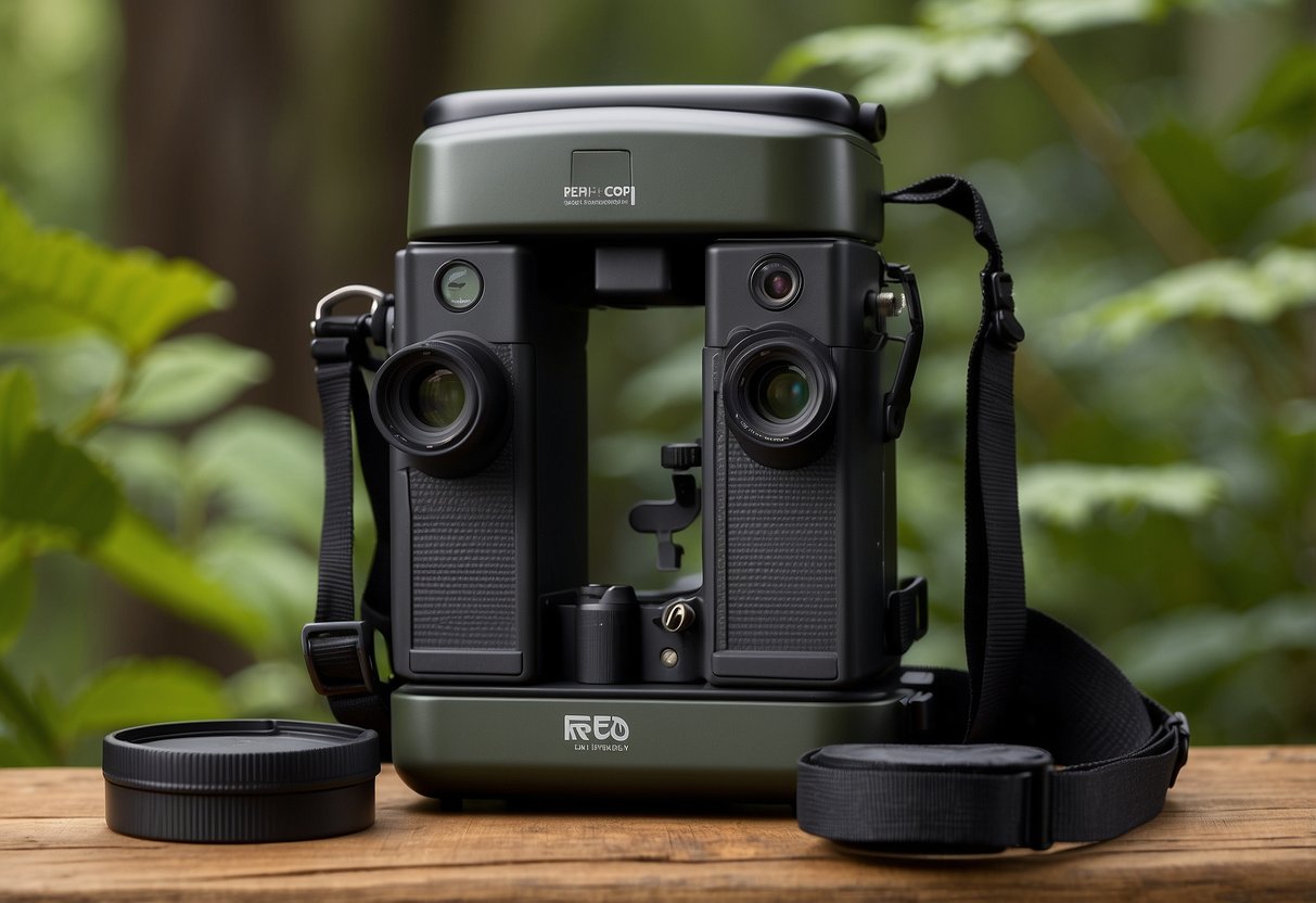 The REI Co-op Flash 22 pack sits against a backdrop of lush green foliage, with a pair of binoculars and a camera peeking out from the top