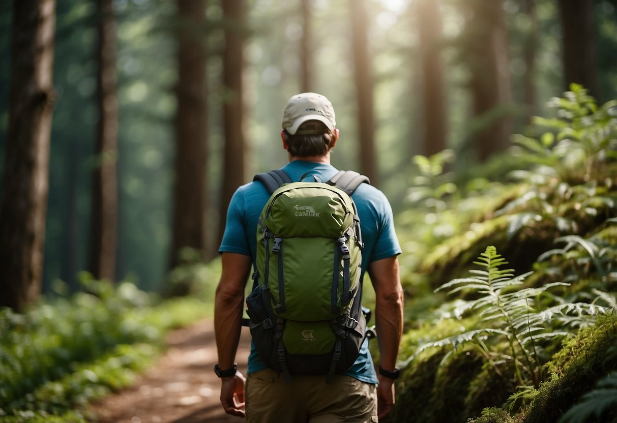 A hiker wearing a CamelBak Fourteener 26 backpack stands in a lush, green forest, surrounded by wildlife. The lightweight pack is equipped with various pockets and compartments, perfect for wildlife watching adventures