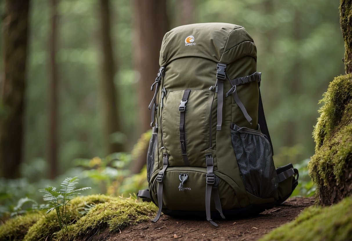 A backpack sits open on the ground, surrounded by trees and wildlife. The Lowepro Flipside Trek BP 350 AW is lightweight and designed for wildlife watching