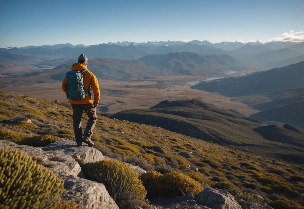 A hiker stands on a rocky outcrop, overlooking a vast expanse of Patagonian wilderness. The rugged landscape is dotted with vibrant flora and teeming with diverse wildlife