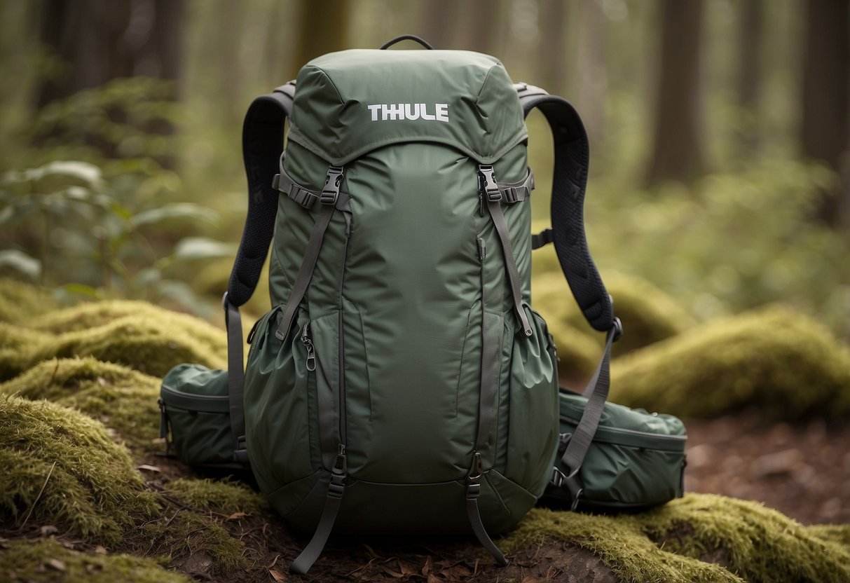 A Thule Stir 20L wildlife watching pack sits on a forest floor, surrounded by binoculars, a camera, and a field guide. The pack is lightweight and sleek, with multiple pockets and adjustable straps