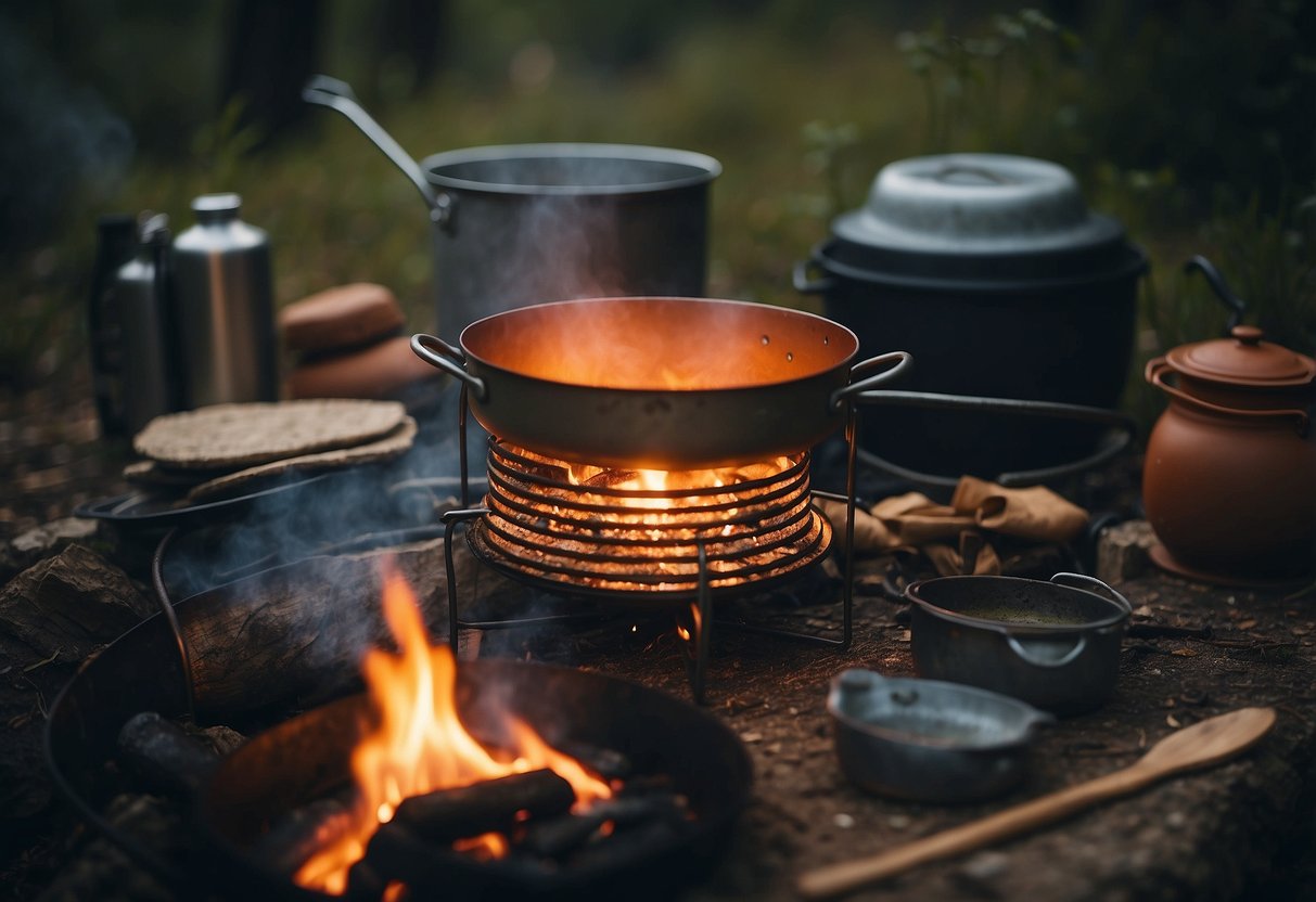 A campfire surrounded by cooking utensils, with a pot simmering over the flames. A backpack and hiking boots are nearby, along with a map and a water bottle