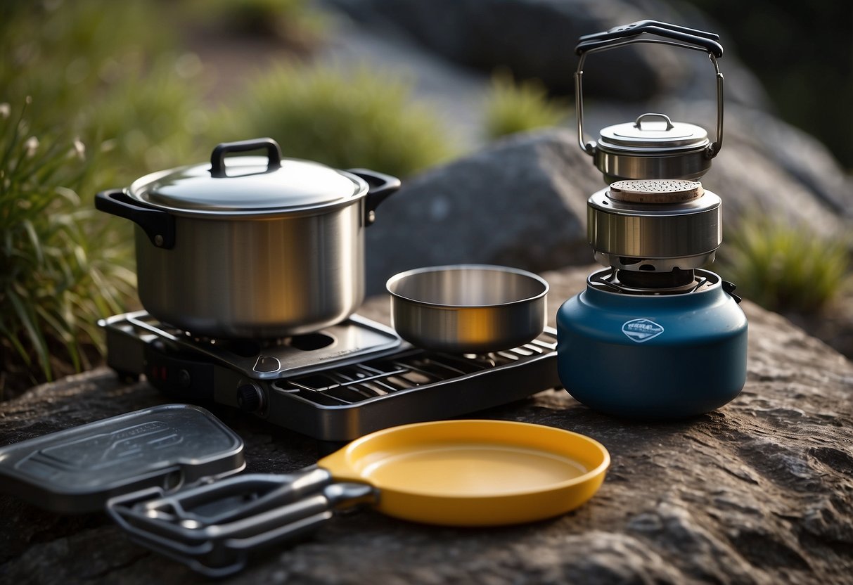 A compact camping stove sits on a flat rock, surrounded by a small pot, spatula, and a couple of lightweight cooking utensils. A backpack and water bottle are nearby, ready for a trailside cooking adventure