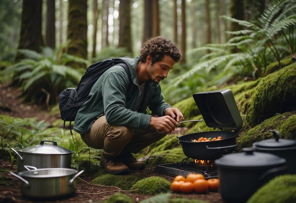 A backpacker gathers fresh produce from a lush forest, while a camp stove and cooking utensils sit nearby. The serene natural setting provides the perfect backdrop for preparing a meal on the trail