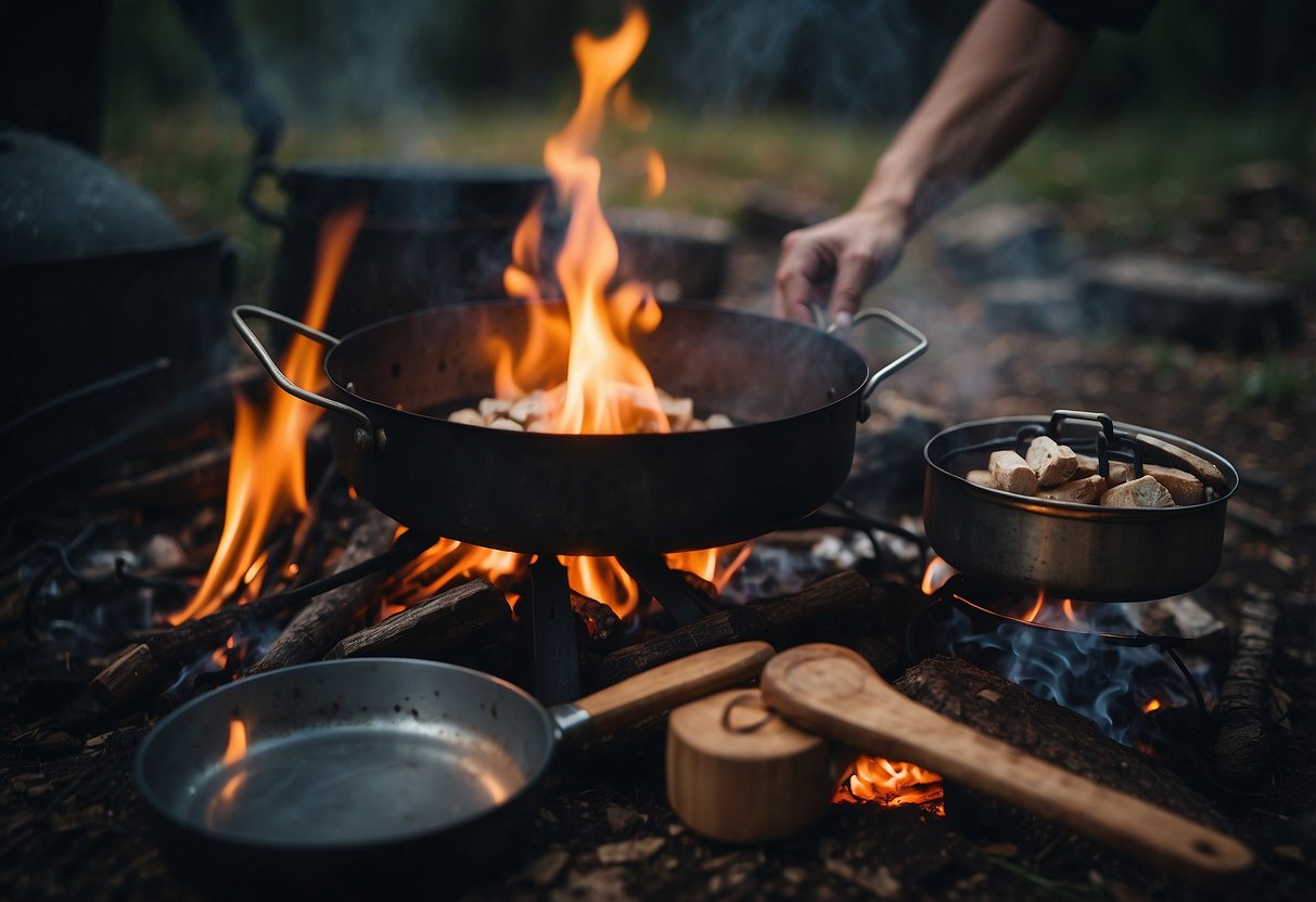 A campfire surrounded by cooking utensils and a water source. A person is using a portable stove to cook food while following safety and hygiene practices