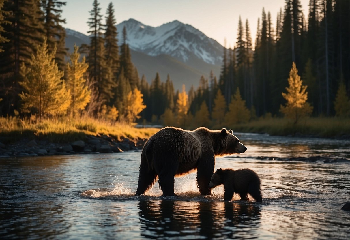 A bear and her cubs cross a river, while a moose grazes nearby. Eagles soar overhead as a beaver builds a dam. The sun sets behind snow-capped mountains