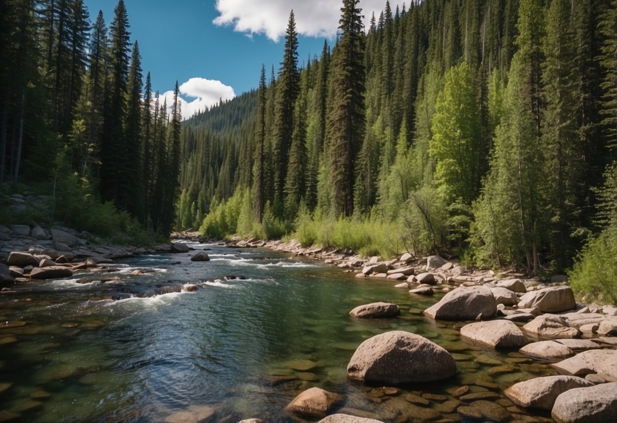 Lush forest with winding trails, lakes, and diverse wildlife. Moose, black bears, and loons in their natural habitat. Rocky cliffs and serene rivers