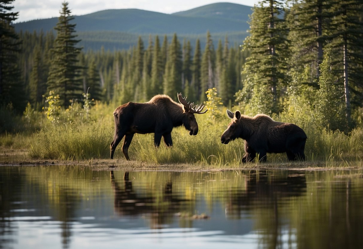 In the lush forests of Prince Albert National Park, wildlife roam freely. A moose grazes by a tranquil lake, while a black bear forages for berries in the underbrush