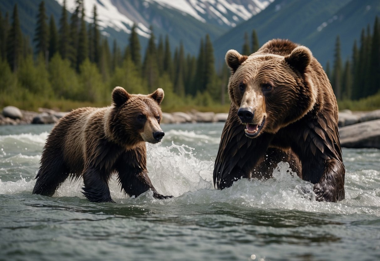 A bear and her cubs emerge from a dense forest, crossing a rushing river in the Canadian Rockies. Snow-capped mountains loom in the background as a bald eagle soars overhead