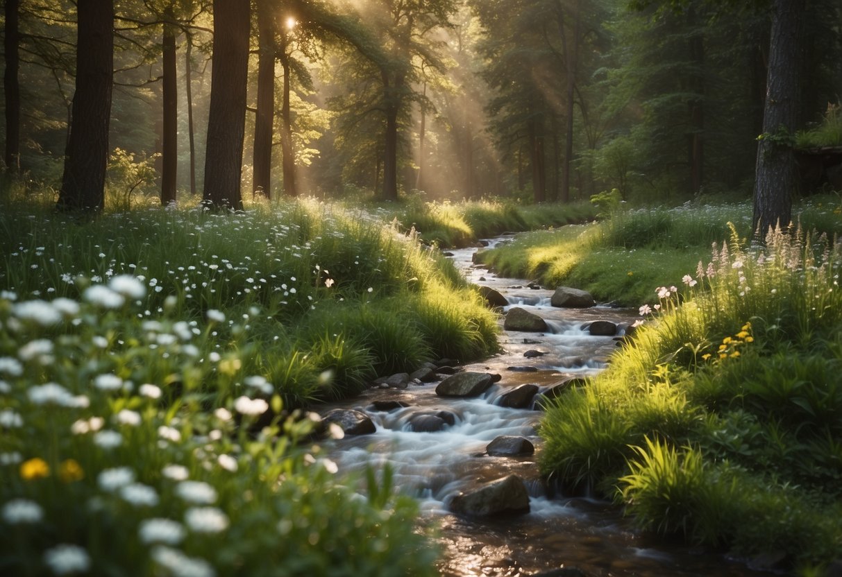 A serene forest clearing with a bubbling stream, surrounded by lush greenery and vibrant wildflowers. A variety of wildlife, such as birds, deer, and rabbits, can be seen peacefully coexisting in their natural habitat