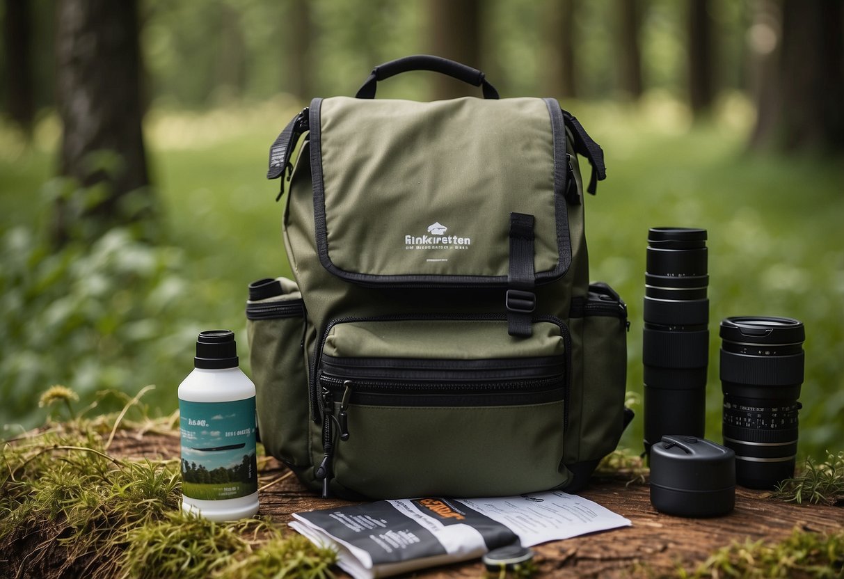 A backpack with biodegradable wipes, binoculars, and a field guide laid out on a grassy clearing surrounded by trees and wildlife