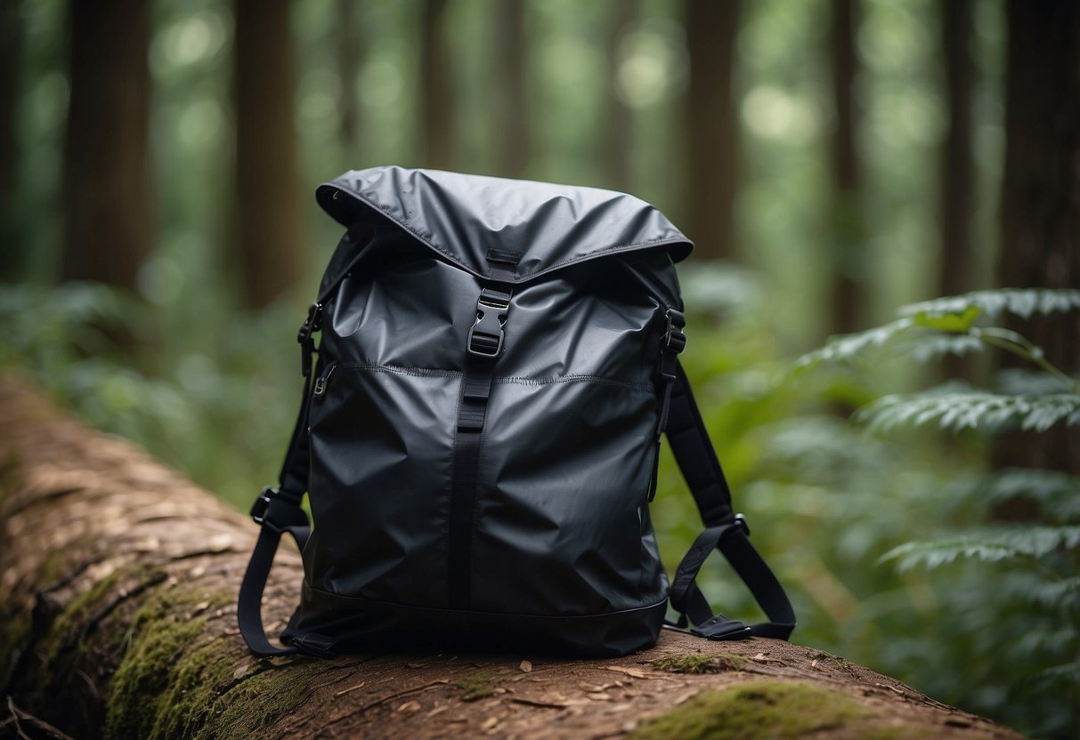 A small trash bag is being packed into a backpack, surrounded by nature and wildlife watching equipment