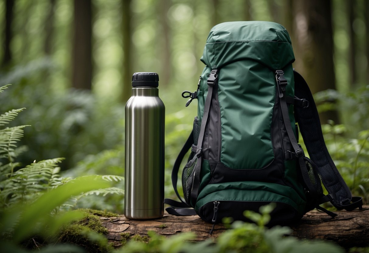 A reusable water bottle sits on a backpack next to binoculars and a field guide in a lush, green forest clearing