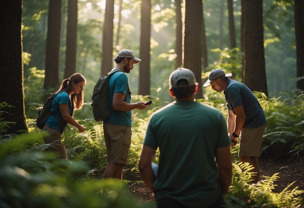 A group of wildlife watchers apply natural insect repellent and keep clean while observing animals in a lush, forested environment