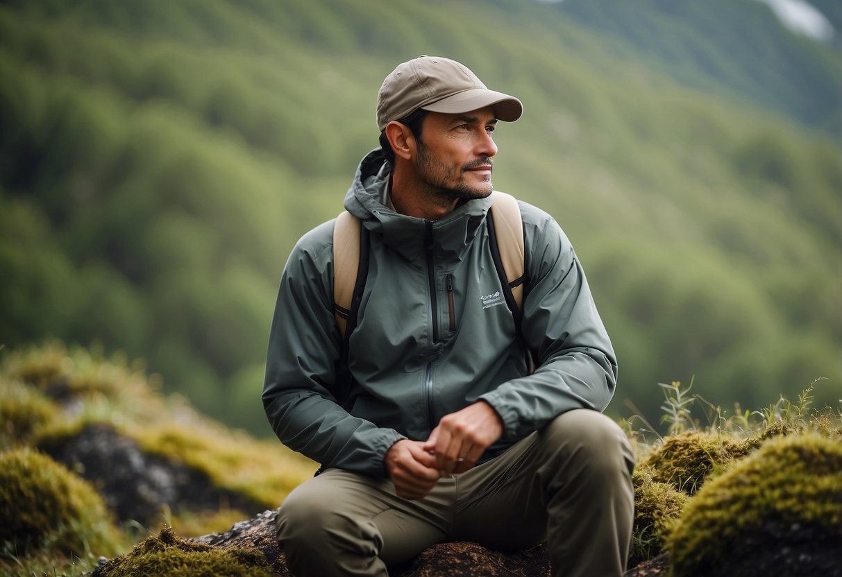 Illustrate a person wearing moisture-wicking clothing in a natural setting, surrounded by wildlife and nature. Show the person staying clean and comfortable while observing animals