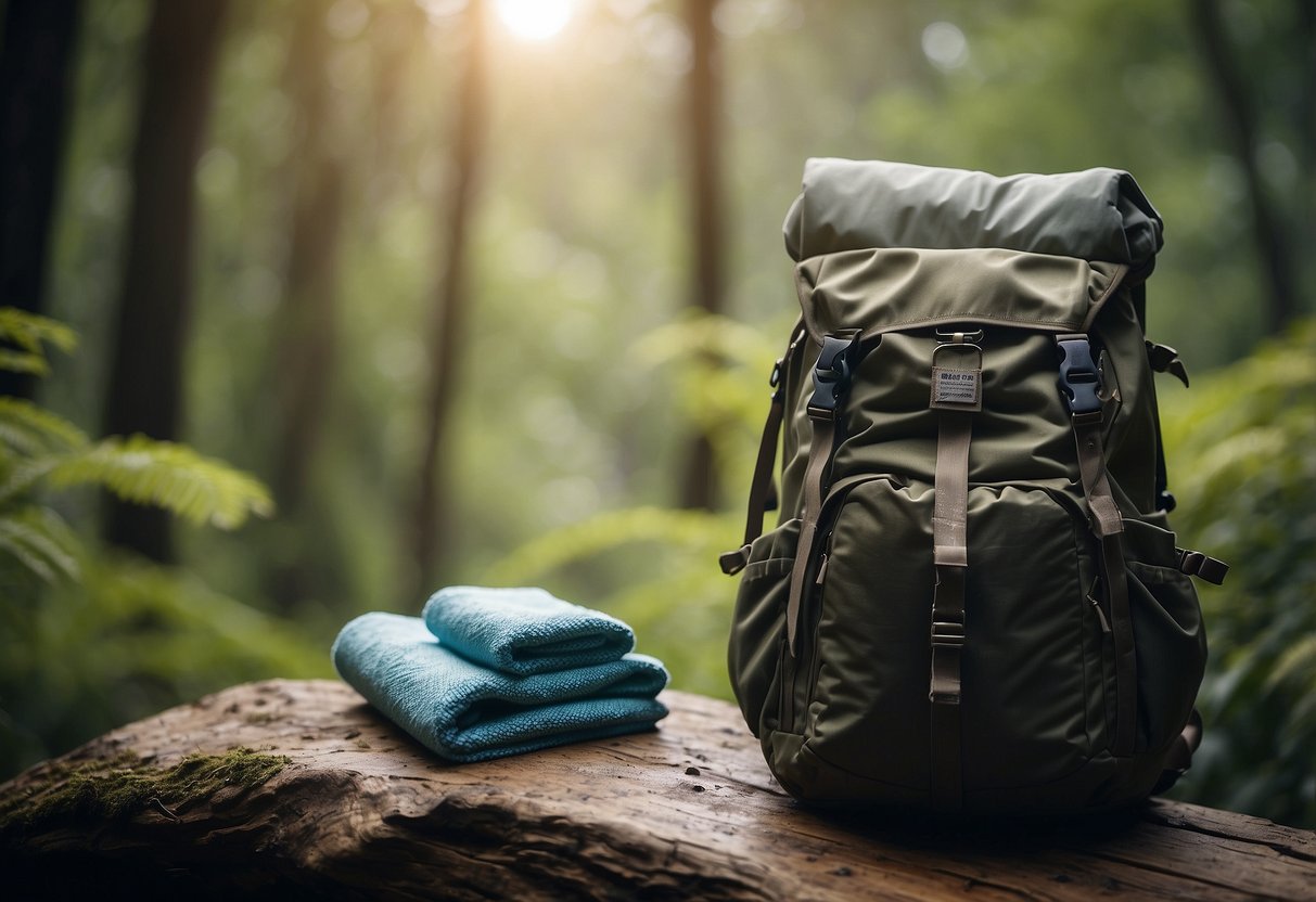 A quick-dry towel hanging from a backpack, surrounded by nature and wildlife watching gear