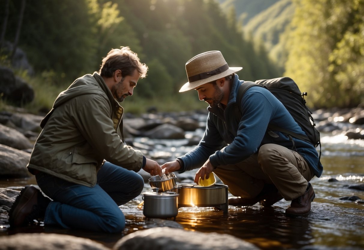 A wildlife watcher sets up a solar-powered camp stove, packs out trash, and uses biodegradable soap near a pristine stream