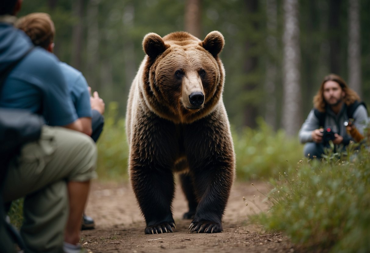 Wildlife watching scene: A bear approaches a group of onlookers. One person calmly signals for everyone to back away while another uses a whistle to scare off the bear