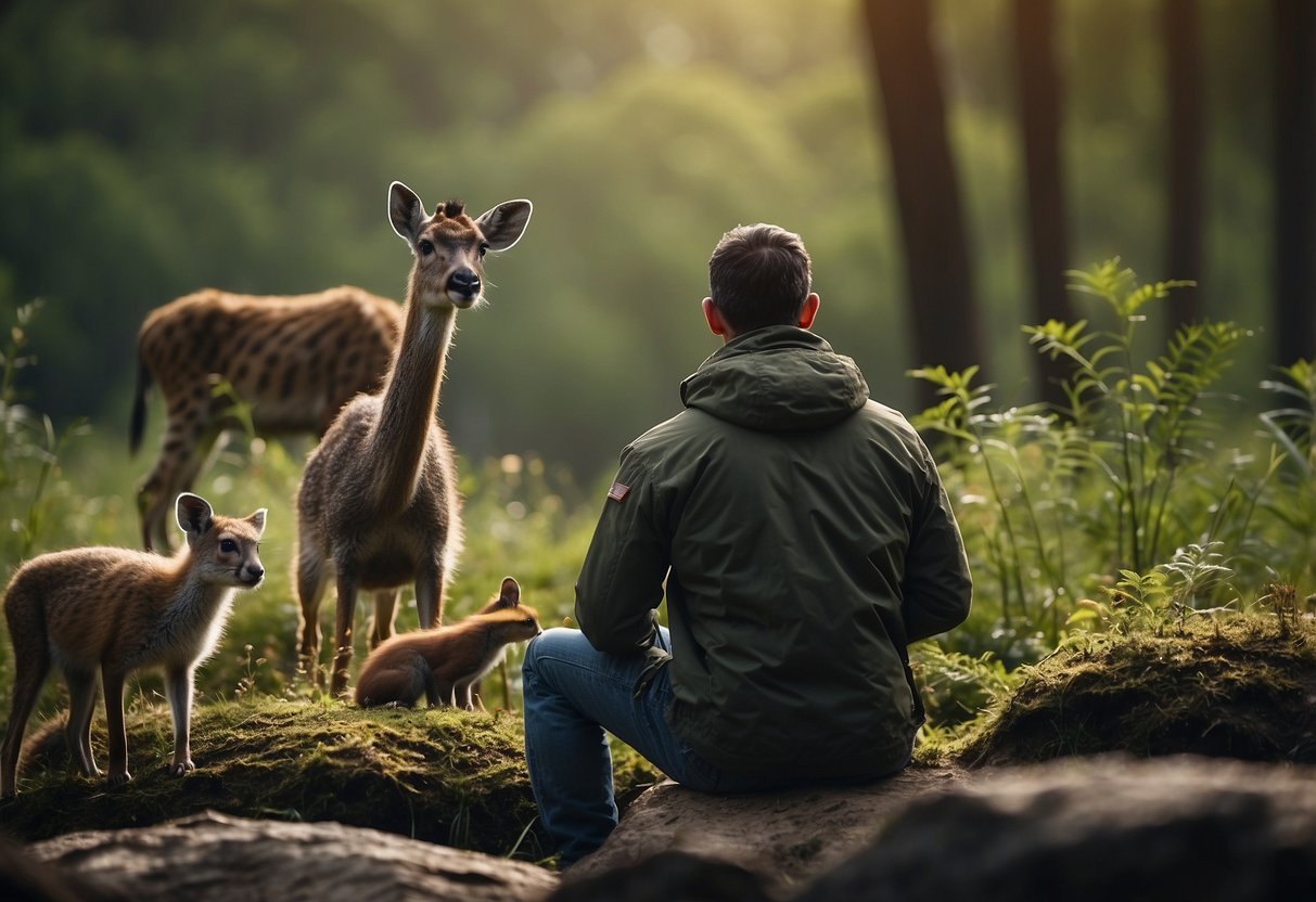 A person observing wildlife from a safe distance, remaining calm and assessing the situation. Various emergency tools and resources nearby