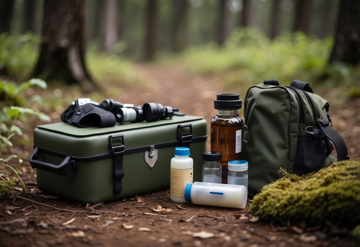 A first aid kit is open on the ground, with items scattered around. A person's backpack and binoculars are nearby. In the background, wildlife can be seen