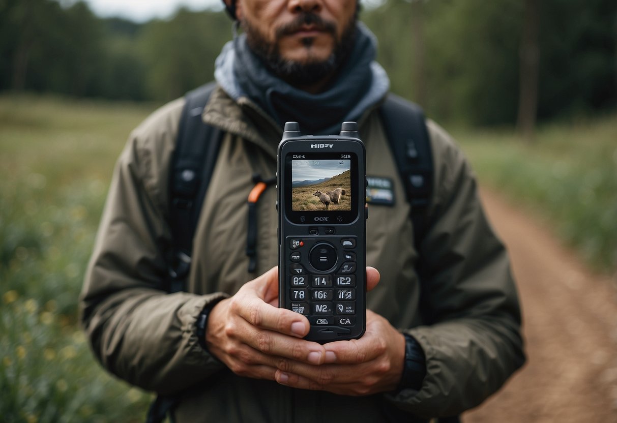 A person carrying a satellite phone while observing wildlife in various outdoor settings