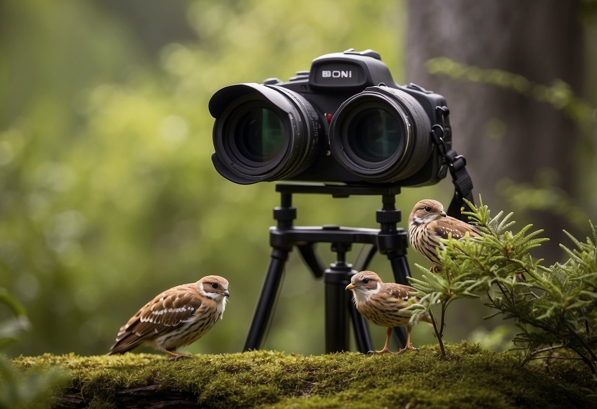 Wildlife in natural setting, signs warning to keep distance, emergency kit nearby, binoculars, and camera equipment