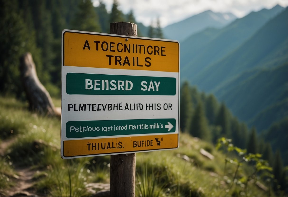 A sign warns hikers to stay on designated trails. Nearby, a group of wildlife watchers calmly handle an emergency situation