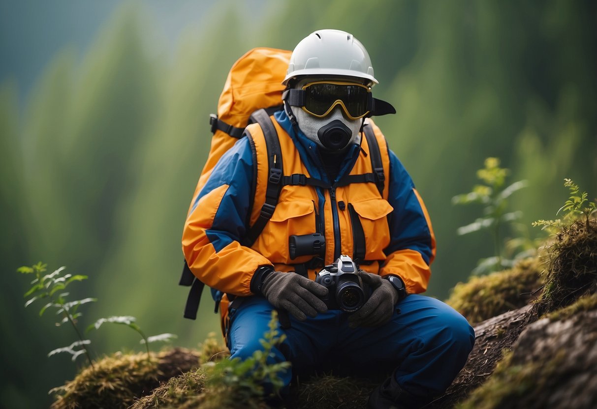 Brightly dressed figure watches wildlife, surrounded by nature. Safety gear nearby