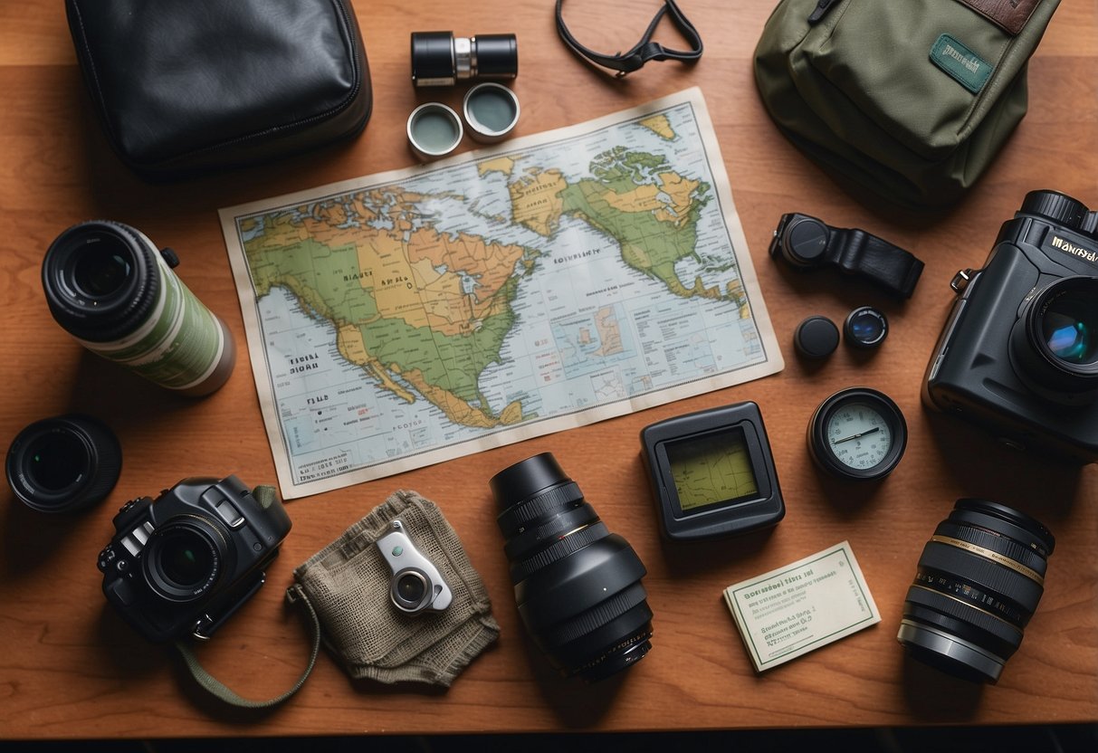 Wildlife watching gear laid out on a table, including first aid kit, binoculars, maps, and emergency contact information