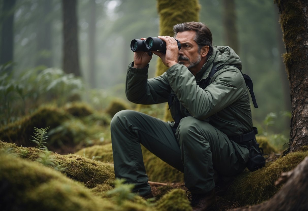 A wildlife watcher calmly uses binoculars to scan the area. Nearby, a first aid kit and emergency supplies are laid out in preparation