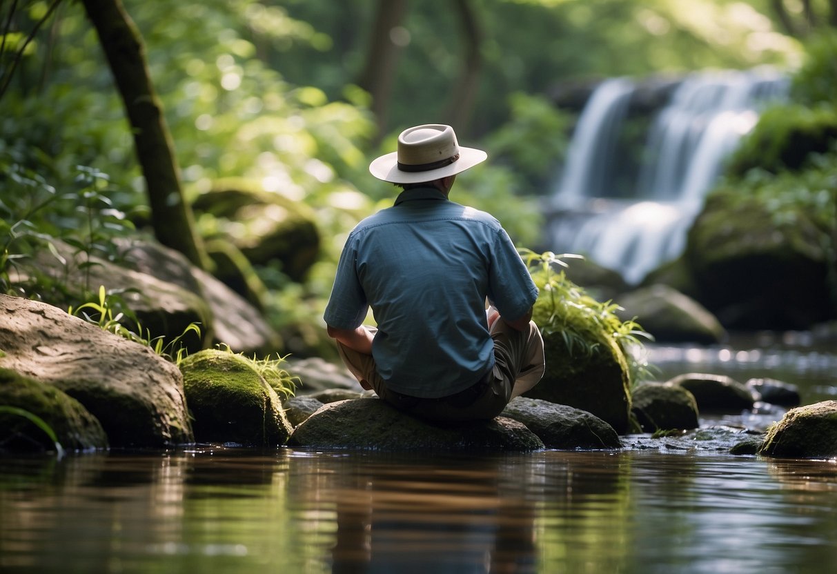 A wildlife watcher sits by a tranquil stream, surrounded by lush greenery. They have a water bottle nearby and are stretching their legs to manage sore muscles